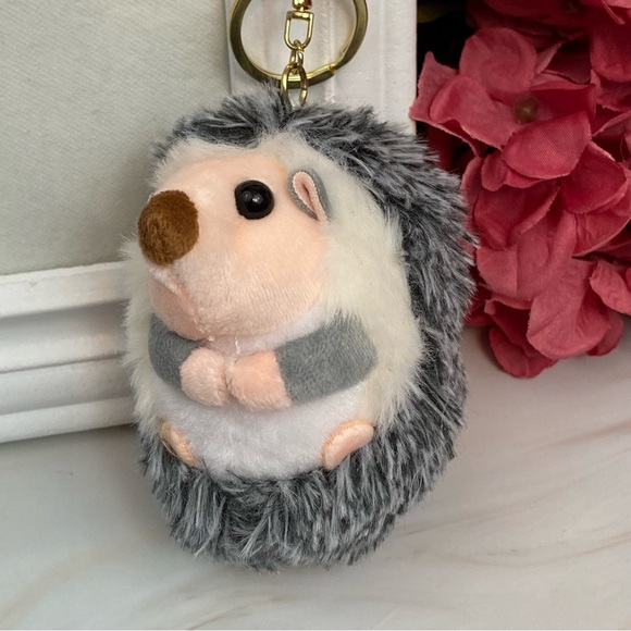 Fluffy Gray and White Hedgehog Keychain Charm - Picture 3 of 14